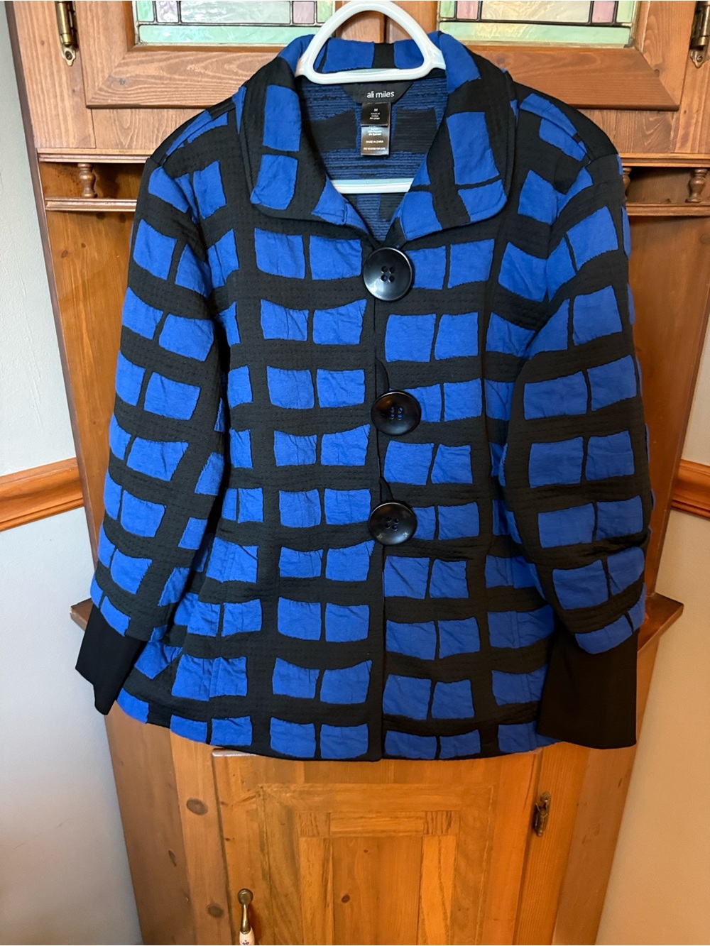 Ali Miles Blue & Black Textured Button-Front Jacket - Size Medium